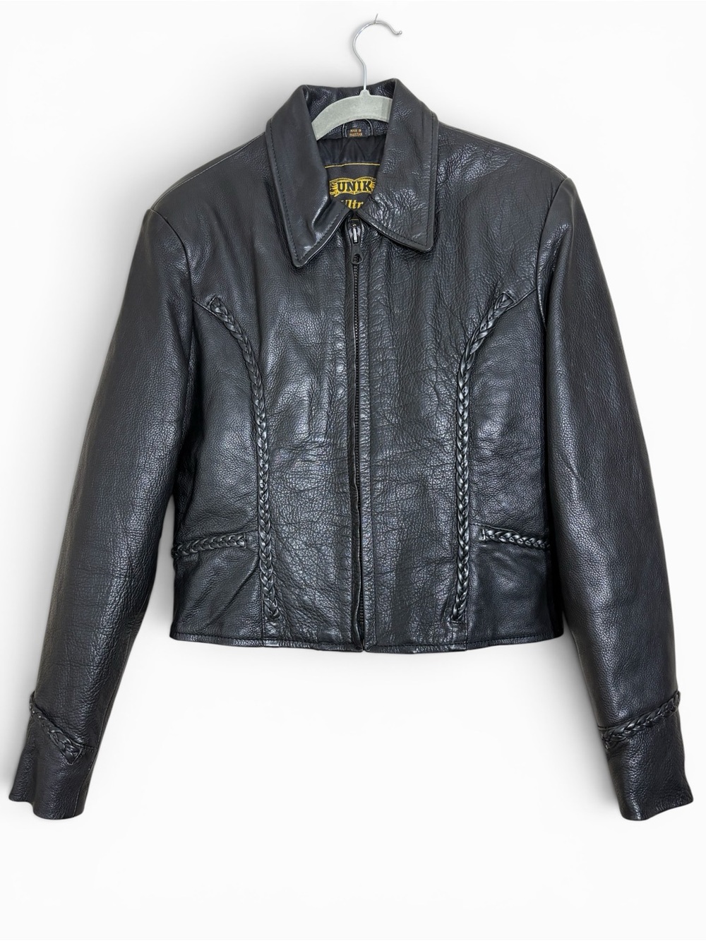 NEW Unik Ultra Black Braided-Trim Leather Biker Jacket- woman’s S